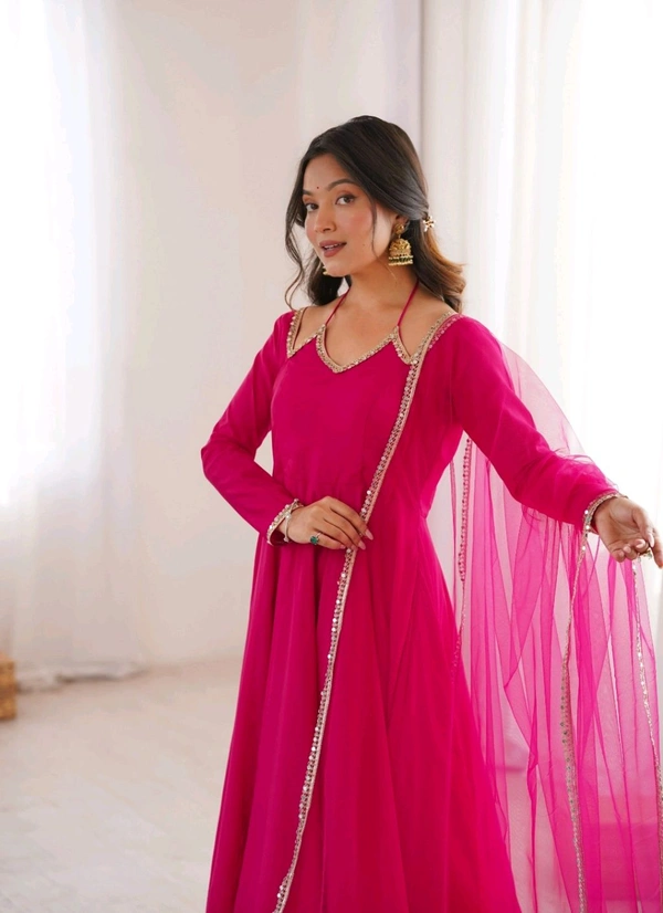Women’s Chanderi Anarkali Suit Set with Dupatta | Elegant Festive Ethnic Outfit - M, Cerise Red