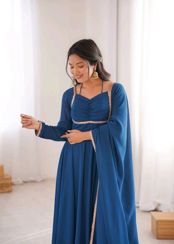 Women’s Chanderi Anarkali Suit Set with Dupatta | Elegant Festive Ethnic Outfit - L, Dark Gry Blue