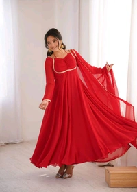 Women’s Chanderi Anarkali Suit Set with Dupatta | Elegant Festive Ethnic Outfit - L, Red