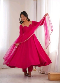 Women’s Chanderi Anarkali Suit Set with Dupatta | Elegant Festive Ethnic Outfit - L, Cerise Red