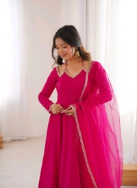 Women’s Chanderi Anarkali Suit Set with Dupatta | Elegant Festive Ethnic Outfit - L, Cerise Red