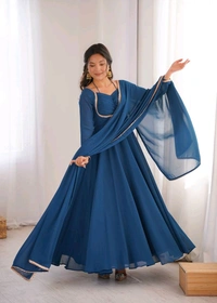 Women’s Chanderi Anarkali Suit Set with Dupatta | Elegant Festive Ethnic Outfit - S, Dark Gry Blue