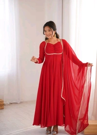 Women’s Chanderi Anarkali Suit Set with Dupatta | Elegant Festive Ethnic Outfit - S, Red