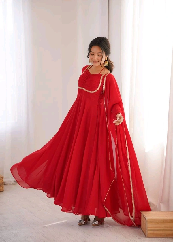 Women’s Chanderi Anarkali Suit Set with Dupatta | Elegant Festive Ethnic Outfit - S, Red