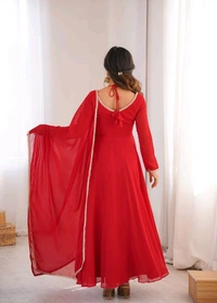 Women’s Chanderi Anarkali Suit Set with Dupatta | Elegant Festive Ethnic Outfit - S, Red