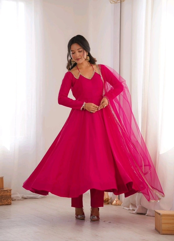 Women’s Chanderi Anarkali Suit Set with Dupatta | Elegant Festive Ethnic Outfit - S, Cerise Red