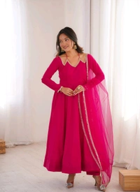 Women’s Chanderi Anarkali Suit Set with Dupatta | Elegant Festive Ethnic Outfit - S, Cerise Red