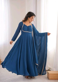 Women’s Chanderi Anarkali Suit Set with Dupatta | Elegant Festive Ethnic Outfit - XL, Dark Gry Blue