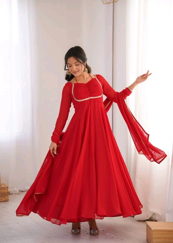 Women’s Chanderi Anarkali Suit Set with Dupatta | Elegant Festive Ethnic Outfit - XXL, Red