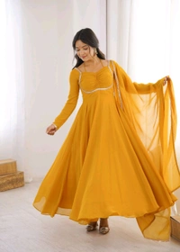 Women’s Chanderi Anarkali Suit Set with Dupatta | Elegant Festive Ethnic Outfit - XXL, Gold