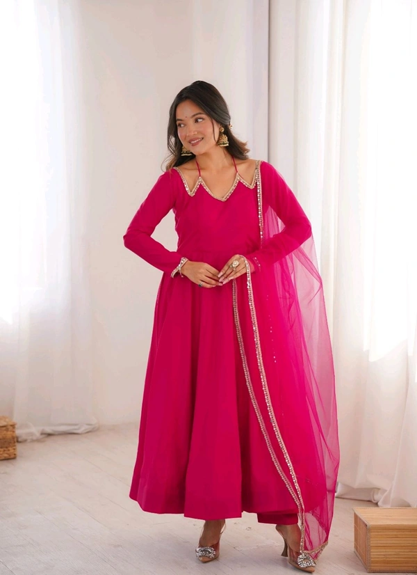 Women’s Chanderi Anarkali Suit Set with Dupatta | Elegant Festive Ethnic Outfit - XXL, Cerise Red