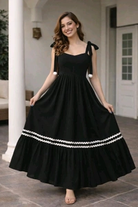 Women's Solid V-Neck A-Line Maxi Western Dress for Women | Sleeveless Party Outfit Midi Dress - L, Black