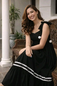 Women's Solid V-Neck A-Line Maxi Western Dress for Women | Sleeveless Party Outfit Midi Dress - L, Black