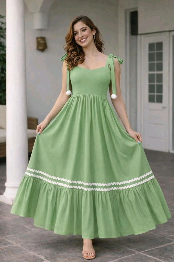Women's Solid V-Neck A-Line Maxi Western Dress for Women | Sleeveless Party Outfit Midi Dress - L, Green