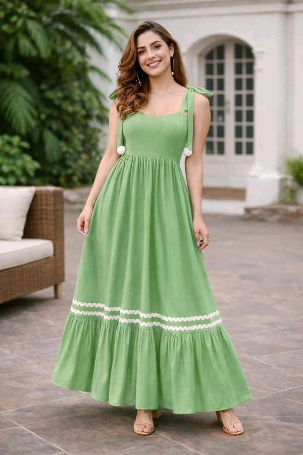 Women's Solid V-Neck A-Line Maxi Western Dress for Women | Sleeveless Party Outfit Midi Dress - L, Green
