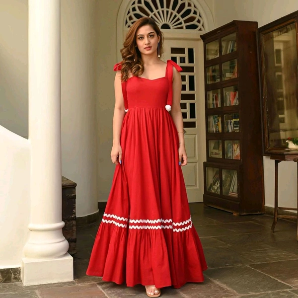 Women's Solid V-Neck A-Line Maxi Western Dress for Women | Sleeveless Party Outfit Midi Dress - L, Red