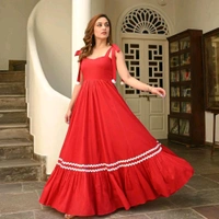 Women's Solid V-Neck A-Line Maxi Western Dress for Women | Sleeveless Party Outfit Midi Dress - L, Red