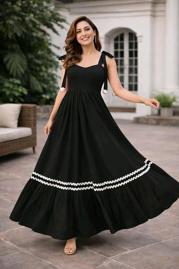 Women's Solid V-Neck A-Line Maxi Western Dress for Women | Sleeveless Party Outfit Midi Dress - M, Black