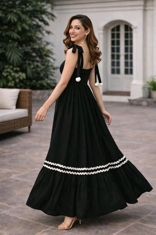 Women's Solid V-Neck A-Line Maxi Western Dress for Women | Sleeveless Party Outfit Midi Dress - M, Black