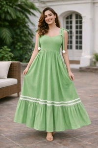 Women's Solid V-Neck A-Line Maxi Western Dress for Women | Sleeveless Party Outfit Midi Dress - M, Green