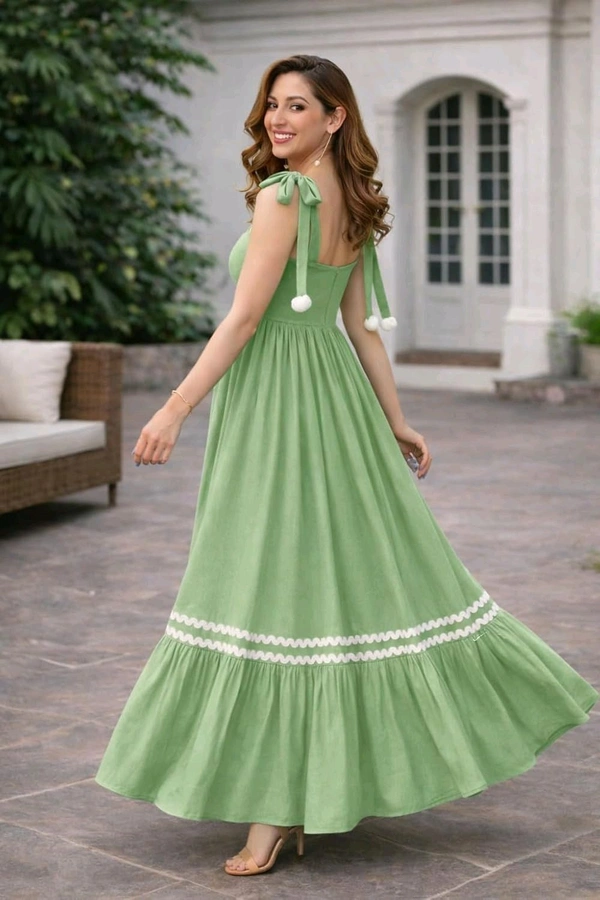 Women's Solid V-Neck A-Line Maxi Western Dress for Women | Sleeveless Party Outfit Midi Dress - M, Green
