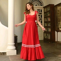 Women's Solid V-Neck A-Line Maxi Western Dress for Women | Sleeveless Party Outfit Midi Dress - M, Red