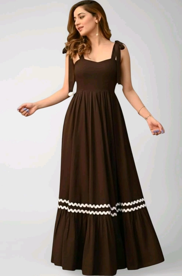 Women's Solid V-Neck A-Line Maxi Western Dress for Women | Sleeveless Party Outfit Midi Dress - M, Brown