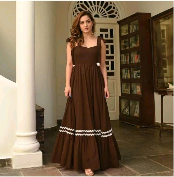 Women's Solid V-Neck A-Line Maxi Western Dress for Women | Sleeveless Party Outfit Midi Dress - M, Brown