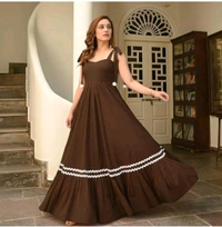 Women's Solid V-Neck A-Line Maxi Western Dress for Women | Sleeveless Party Outfit Midi Dress - M, Brown