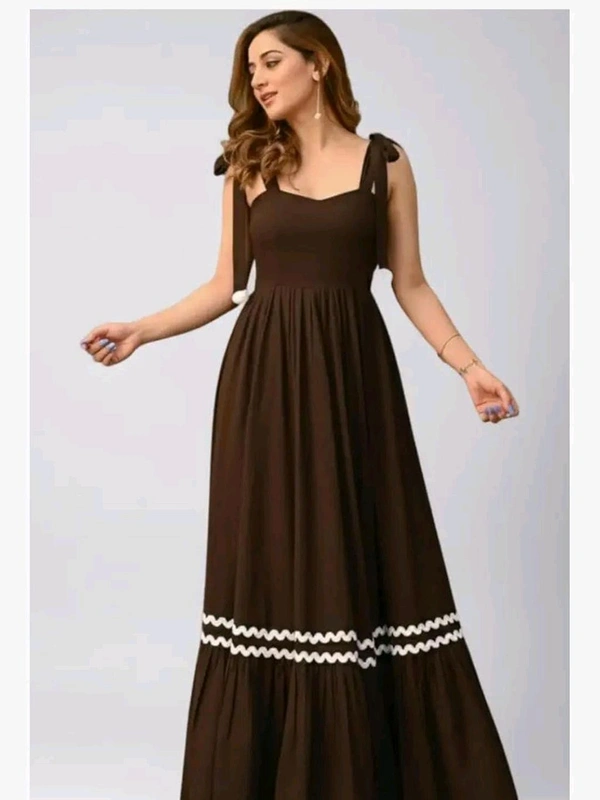 Women's Solid V-Neck A-Line Maxi Western Dress for Women | Sleeveless Party Outfit Midi Dress - M, Brown