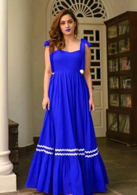 Women's Solid V-Neck A-Line Maxi Western Dress for Women | Sleeveless Party Outfit Midi Dress - M, Blue