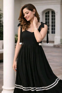 Women's Solid V-Neck A-Line Maxi Western Dress for Women | Sleeveless Party Outfit Midi Dress - S, Black