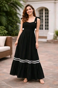 Women's Solid V-Neck A-Line Maxi Western Dress for Women | Sleeveless Party Outfit Midi Dress - S, Black
