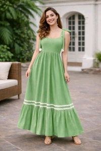 Women's Solid V-Neck A-Line Maxi Western Dress for Women | Sleeveless Party Outfit Midi Dress - XL, Green