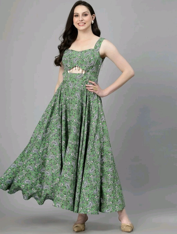 Women Ethnic Motifs Printed Cut-Outs Crepe Fit & Flare Dress - L, Green