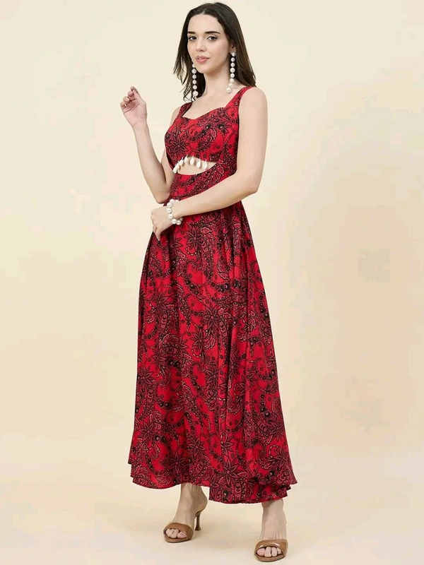 Women Ethnic Motifs Printed Cut-Outs Crepe Fit & Flare Dress - L, Red