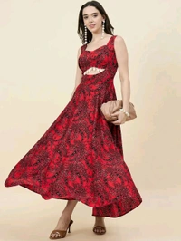 Women Ethnic Motifs Printed Cut-Outs Crepe Fit & Flare Dress - L, Red