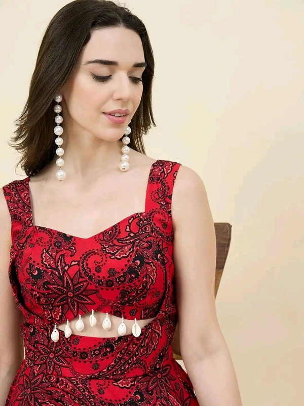 Women Ethnic Motifs Printed Cut-Outs Crepe Fit & Flare Dress - M, Red