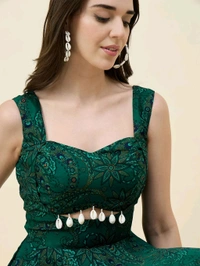 Women Ethnic Motifs Printed Cut-Outs Crepe Fit & Flare Dress - M, Dark Green