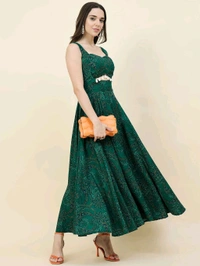 Women Ethnic Motifs Printed Cut-Outs Crepe Fit & Flare Dress - M, Dark Green