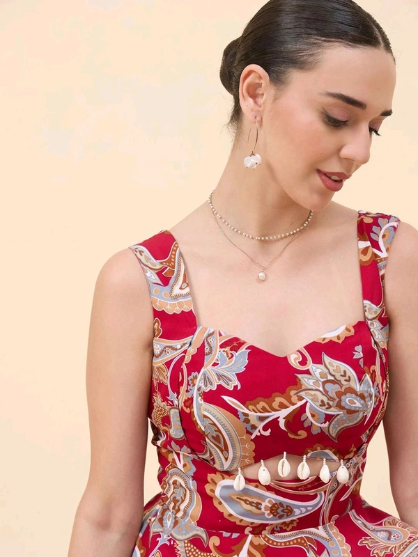 Women Ethnic Motifs Printed Cut-Outs Crepe Fit & Flare Dress - M, Shiraz