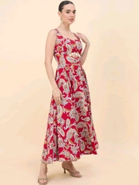 Women Ethnic Motifs Printed Cut-Outs Crepe Fit & Flare Dress - M, Shiraz