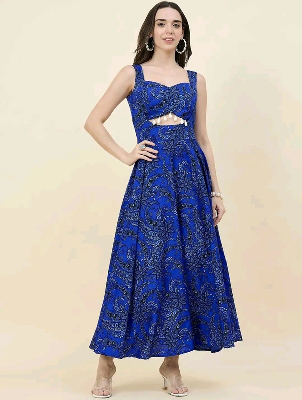 Women Ethnic Motifs Printed Cut-Outs Crepe Fit & Flare Dress - S, Blue