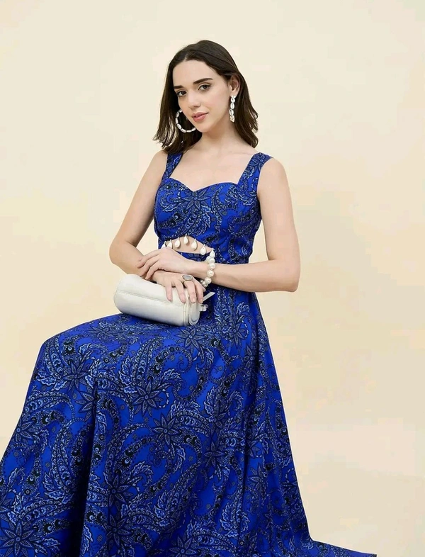 Women Ethnic Motifs Printed Cut-Outs Crepe Fit & Flare Dress - S, Blue