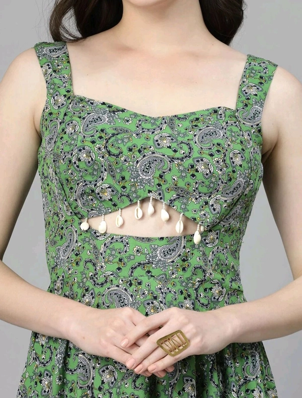 Women Ethnic Motifs Printed Cut-Outs Crepe Fit & Flare Dress - S, Green