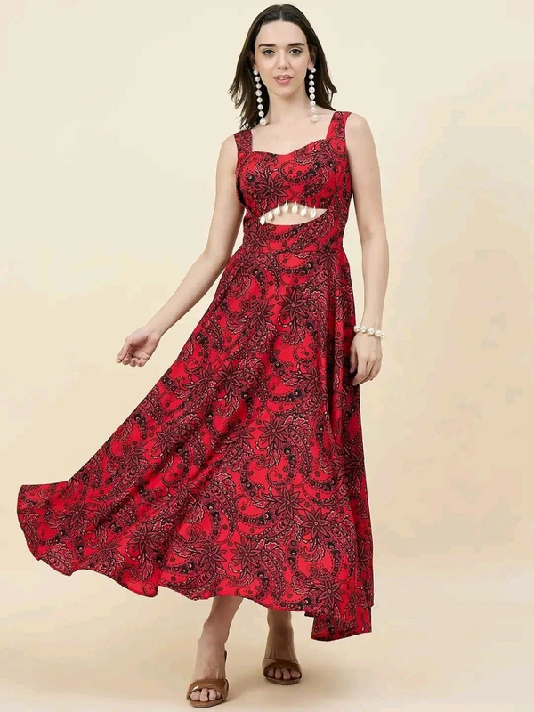 Women Ethnic Motifs Printed Cut-Outs Crepe Fit & Flare Dress - S, Red