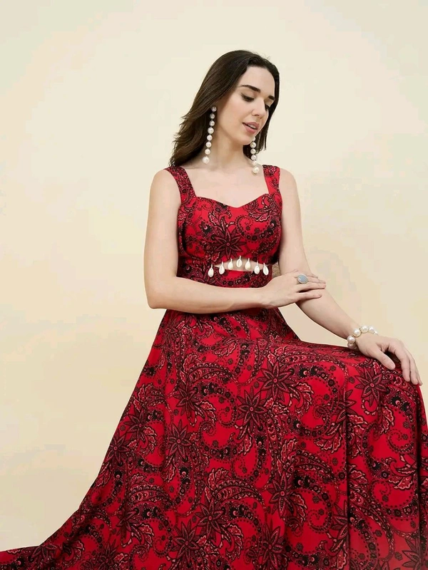 Women Ethnic Motifs Printed Cut-Outs Crepe Fit & Flare Dress - S, Red