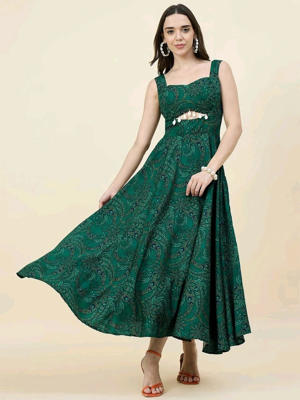 Women Ethnic Motifs Printed Cut-Outs Crepe Fit & Flare Dress - S, Dark Green