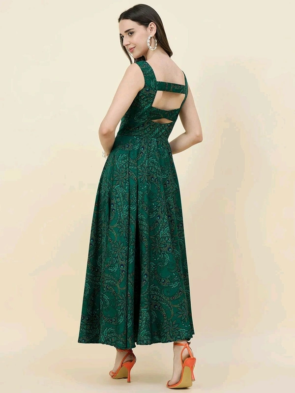 Women Ethnic Motifs Printed Cut-Outs Crepe Fit & Flare Dress - S, Dark Green
