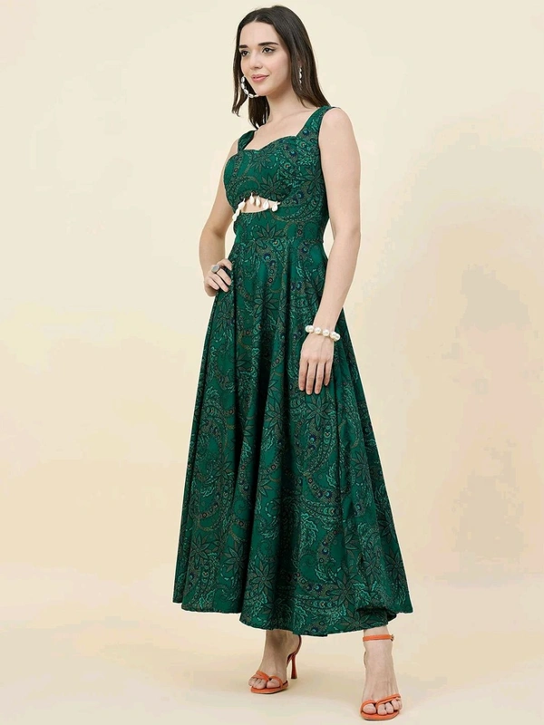 Women Ethnic Motifs Printed Cut-Outs Crepe Fit & Flare Dress - XL, Dark Green